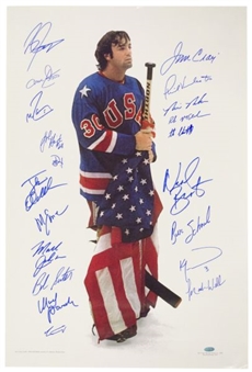 1980 USA Olympic Hockey Team Multi-Signed 20x30 Poster of Jim Craig With 20 Signatures (Steiner LOA)